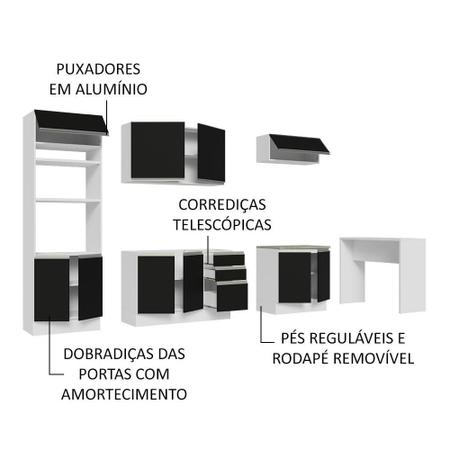 Imagem de Cozinha Completa Madesa Glamy 315002 com Armário, Balcão e Bancada (Sem Tampo e Pia) - Branco/Preto