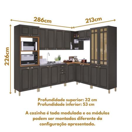 Imagem de Cozinha Completa Modulada de Canto com Vidro Firenze Chumbo 19 Portas 2 Gavetas Spazio Móveis