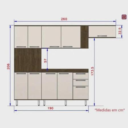 Jogo de Cozinha Completo Veneto Reta 225cm 4 Peças 8 Portas 3 Gavetas Legno  Crema com