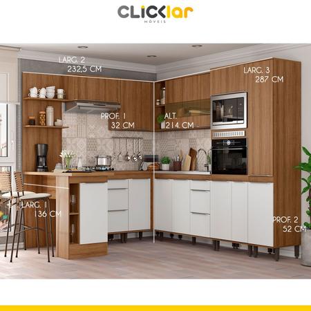 Imagem de Cozinha de Canto Completa Modulada Ilha 232/287 Cm 10 Peças 16 Portas 4 Gv MDP Mel Branco - ClickLar