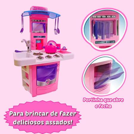 Imagem de Cozinha Infantil Brinquedo Completo Big Cozinha Rosa Com Acessórios Torneira Sai Água De Verdade
