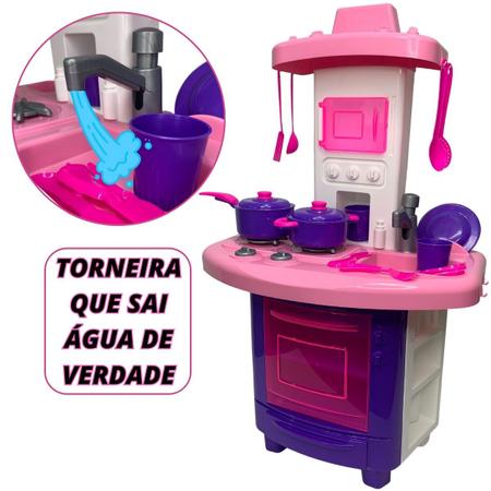 Imagem de Cozinha Infantil Brinquedo Pia Sai Água de Verdade Botão do Fogão faz Barulho de Acender Utensilios Panelas Completa Menina Presente Criança