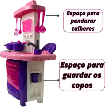 Imagem de Cozinha Infantil Brinquedo Pia Sai Água de Verdade Botão do Fogão faz Barulho de Acender Utensilios Panelas Completa Menina Presente Criança