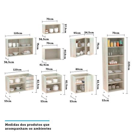 Jogo de Cozinha Completo Veneto Reta 225cm 4 Peças 8 Portas 3 Gavetas Legno  Crema com