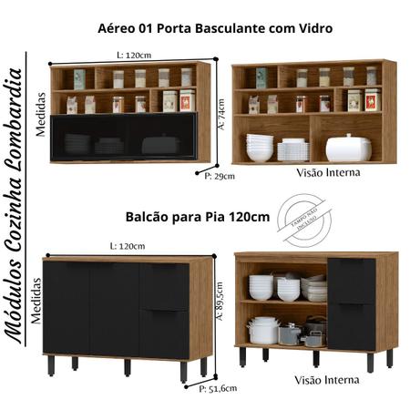 Imagem de Cozinha Modulada Completa de Canto em MDF Lombardia com Portas de Vidro - cor Freijó Nero