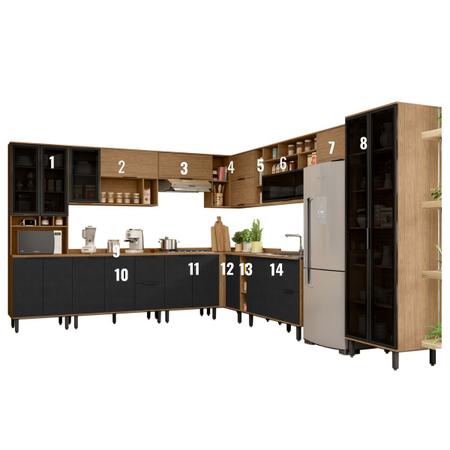 Imagem de Cozinha Modulada Completa de Canto em MDF Lombardia com Portas de Vidro - cor Freijó Nero