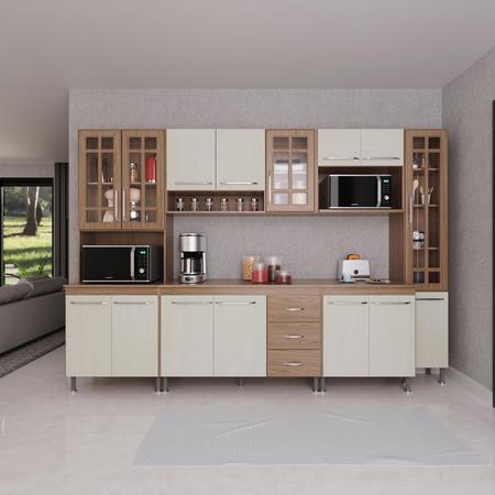 Imagem de Cozinha Modulada Completa Fidelitá Paris 6 Peças 295cm 15 Portas 3 Gavetas Com Tampo Nogal/Salinas