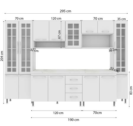 Imagem de Cozinha Modulada Completa Fidelitá Viena 6 Peças 295cm 15 Portas 3 Gavetas Com Tampo Branco