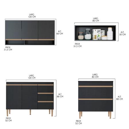 Imagem de Cozinha Modulada Grande completa 8 Peças 460cm Balcão e Aéreos MDP Preto MENU