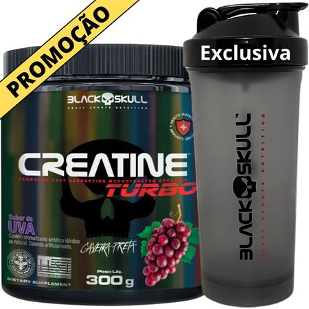 Imagem de Creatina Monohidratada TURBO 300g Black Skull + Coqueteleira Fumê 600ml - Kit Creatine Para Ganho de Massa Muscular - Energia - Força + Shakeira 600ml