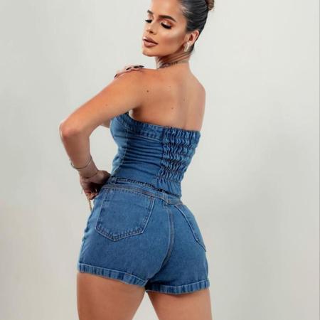 Cropped Jeans Feminino sem alça Top Botões Blogueira Com Elastico