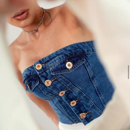 Cropped Jeans Feminino sem alça Top Botões Blogueira Com Elastico