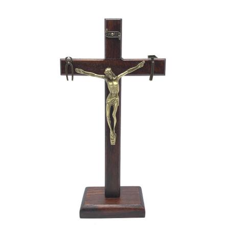 Imagem de Crucifixo Mesa E Parede Cruz Saletina La Salette Madeira Escura 18 Cm