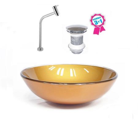 Cuba de vidro redonda 35cm dourado real + válvula click + torneira de metal - Cubas e Gabinetes Imagem de Cuba de vidro redonda 35cm dourado real + válvula click + torneira de metal