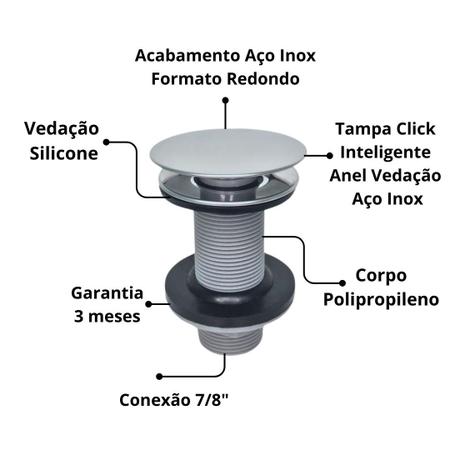 Imagem de Cuba de Vidro Temperado Abaulada 45cm + Válvula Click Inteligente Inox inclusa p/ Banheiros e Lavabos