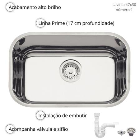 Imagem de Cuba inox lavínia 47bl tramontina numero 1 com válvula 3.1/2 alto brilho 47x30x17