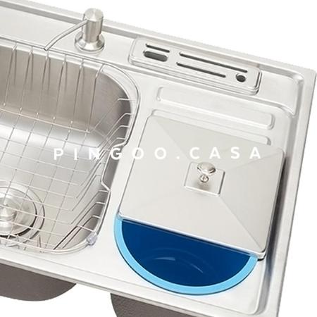 Imagem de Cuba para cozinha pia dupla em aço inox acessórios lixeira Nukini Torneira Gourmet Munim PIngoo.casa