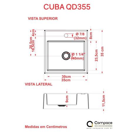 Imagem de Cuba Q355 C/Torneira Luxo+Válv.Click 1/4+Sifão Cromado+Flex