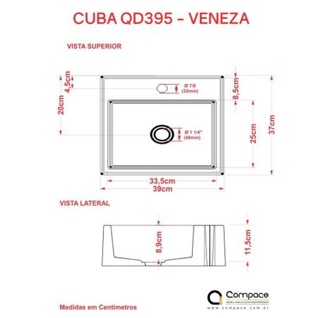 Cuba Q395 C/Válvula Metal 1" + Sifão e Flexível - Compace Imagem de Cuba Q395 C/Válvula Metal 1" + Sifão e Flexível