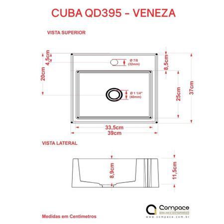 Imagem de Cuba Q395 C/Válvula Metal 1" + Sifão e Flexível