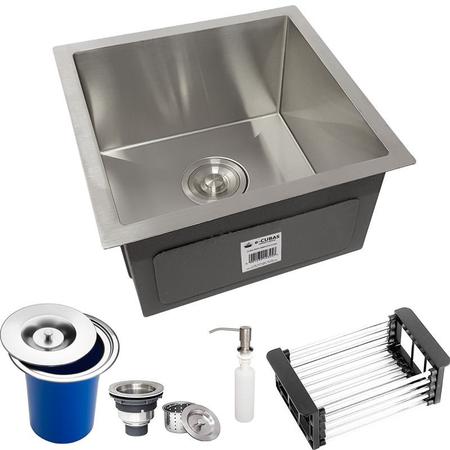 Imagem de Cuba Quadrada Inox 304 Cozinha Pia Embutir Sobrepor Gourmet 40x40 Premium com Lixeira de Embutir 5L e Acessórios