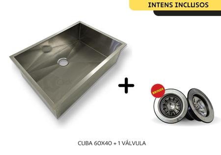 Imagem de Cuba Quadrada Inox Fosca Com Válvula 60 X 40 Varanda Gourmet com escorredor