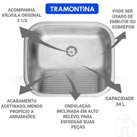 Imagem de Cuba Tanque 50X40 Tramontina Aço Inox 34L Acetinado C/Sifão e Válvula