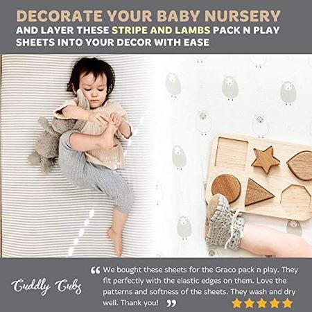 Cuddly Cubs Pack n Play Sheets 2 Pacote Playard Sheet para Baby Girl and Boy Pure Jersey Cotton Unisex Mini Folhas de Berco Portatil Ovelhas e Listras em Grey Compativel com Graco