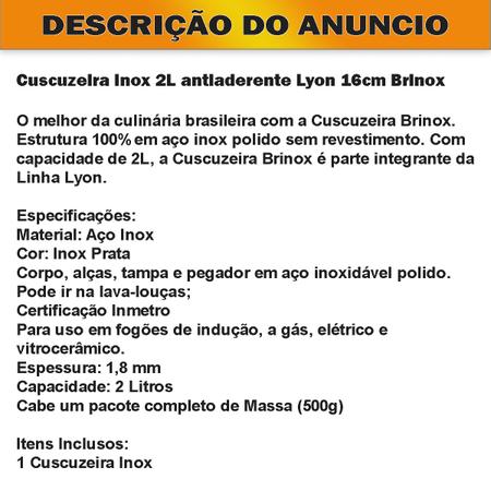 Imagem de Cuscuzeira Fogão Induçao Aço Inox Panela 2 Litros 16cm Brinox Premium Lyon