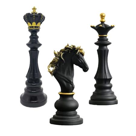 kit 3 Estatua Enfeites Para Sala Cavalo Dama Rei Peças De Xadrez