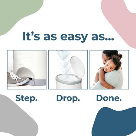 Imagem de Dekor Classic Hands-Free Diaper Pail   Cinza Mais fácil de usar  Just Step  Drop  Feito  Não absorve odores  20 Second Bag Change  Sistema de recarga mais econômico