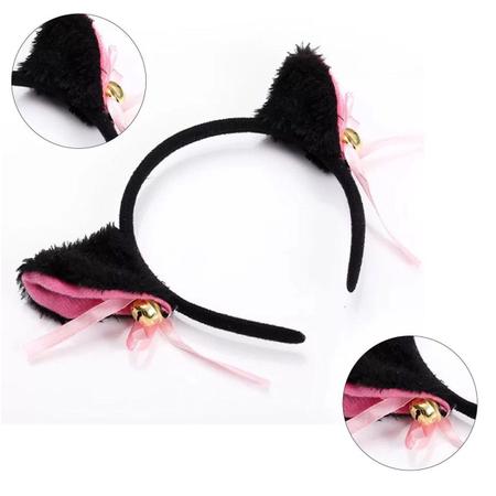 Tiara de Orelha de Gato Preto com Rosa