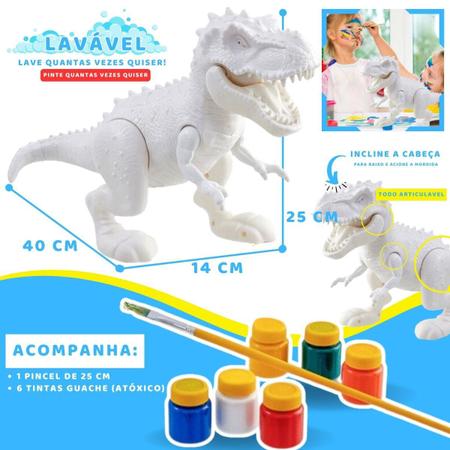 Brinquedo Dinossauro Rex Attack Branco Para Colorir + Pincel + 6 Tintas