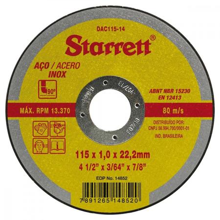 Imagem de Disco Aco Inox Starrett - 4,1/2"X3,64"X7/8" - Fino 1,0Mm -Dac115-14 ./ Kit Com 12 Peca