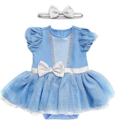 Body vestido bebê fantasia manga curta franzida azul e branco bordado  princesa cinderela com faixa de cabelo. Produtos Divertidos e Coloridos  para bebês e crianças de 0-10 anos! Direto da Fábrica.