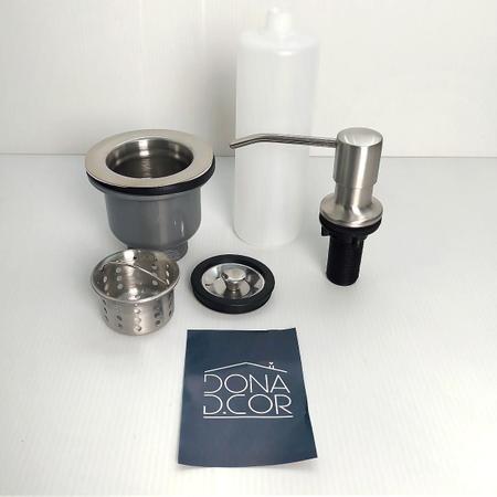 Dispenser Dosador Detergente 350ml E Valvula Pia Cozinha 3 1/2 Inox Ralo Basket Com Cesto Higienico Escoamento Cuba E Porta Detergente De Embutir Kit - Dona D.cor Imagem de Dispenser Dosador Detergente 350ml E Valvula Pia Cozinha 3 1/2 Inox Ralo Basket Com Cesto Higienico Escoamento Cuba E Porta Detergente De Embutir Kit