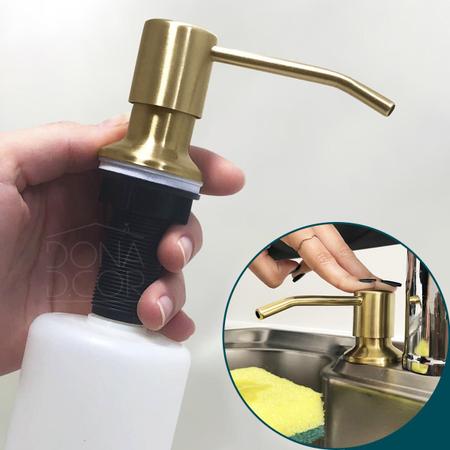Imagem de Dispenser Dosador Detergente Dourado Ouro Gold Inox 350ml Embutir Porta Sabonete Liquido Embutido Cuba Pia Cozinha Banheiro Bancada Granito Marmore