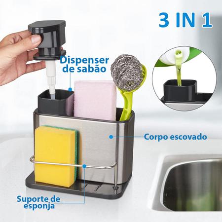 Imagem de Dispenser Porta Detergente 3 Em 1 Escorredor Suporte Esponja Bucha Inox Pia Balcao Cozinha Limpeza Higiene Escorre Louça