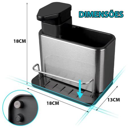 Imagem de Dispenser Porta Detergente 3 Em 1 Escorredor Suporte Esponja Bucha Inox Pia Balcao Cozinha Limpeza Higiene Escorre Louça
