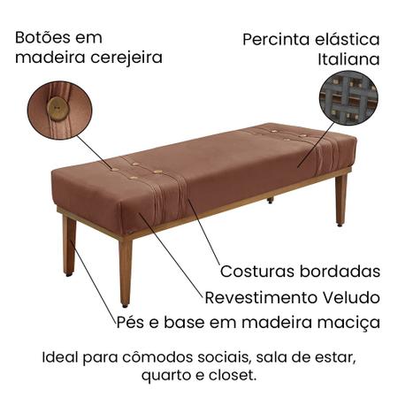 Imagem de Divã Recamier Banco Base Madeira para Quarto Gênova 90cm Veludo Cobre S04 - D'Rossi