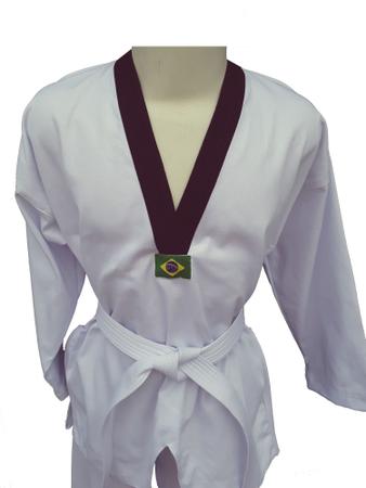 Imagem de Dobok Taekwondo Adulto Tam. A4 Cor Branca Gola Preta em Brim pesado