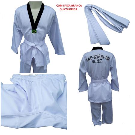 Imagem de Dobok Taekwondo Adulto Tam. A4 Cor Branca Gola Preta em Brim pesado