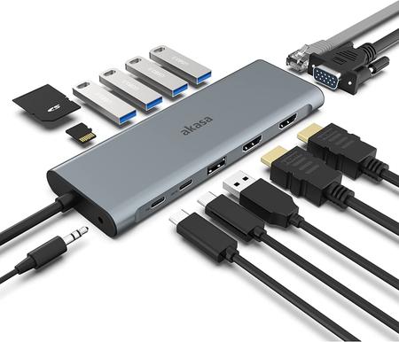 Imagem de Dock Hub Akasa USB tipo C 14 em 1 4K HDMI, VGA, USB 3.2, USB 2.0, Ethernet, leitor de cartão, entrada de áudio PD de 60W