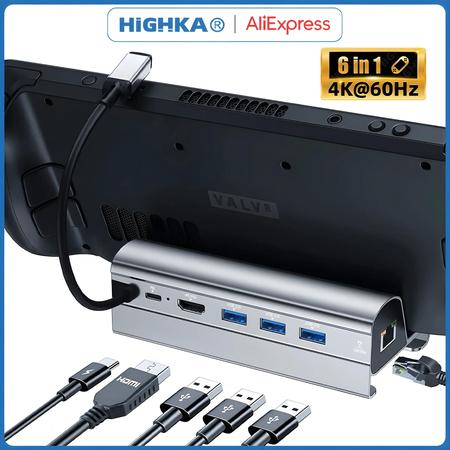 Imagem de Dock Station 6 em 1 para Steam Deck e ROG Ally - 3 USB 3.0, HDMI 4K 60Hz, Ethernet e PD 60W