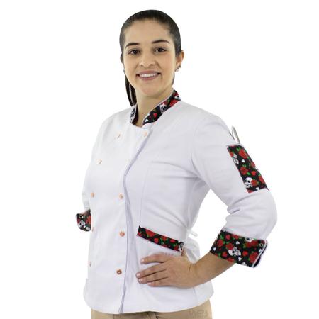 Imagem de Dólmã Feminino Chef de Cozinha Caveiras e Rosas