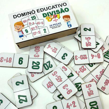 Imagem de Dominó jogo educativo pedagógico mdf matemático divisão 28pcs mega impress