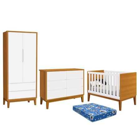 Imagem de Dormitório Infantil Classic 2 Portas, Cômoda 6 Gavetas, Berço com Pés Amadeirado e Colchão - Reller Móveis