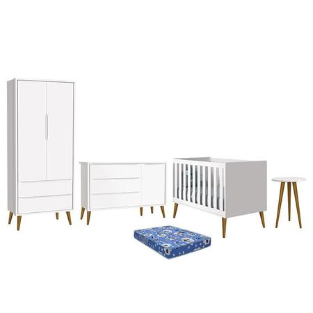 Imagem de Dormitório Infantil Theo Retrô 2 Portas, Cômoda 1 Porta, Berço, Mesa de Apoio Branco com Pés Amadeirado e Colchão - Reller Móveis