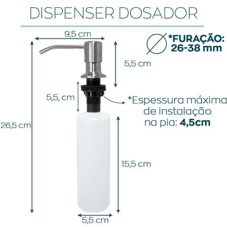 Imagem de Dosador de Detergente Inox Dispenser Porta Detergente de Embutir 350ml Escovado Cozinha Porta Sabonete Liquido de Bancada Embutido na Pia