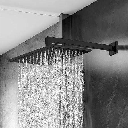 Imagem de Ducha Chuveiro Preto Fosco 25x25 Slim Aço Inox quadrado Braço suporte de parede banheiro